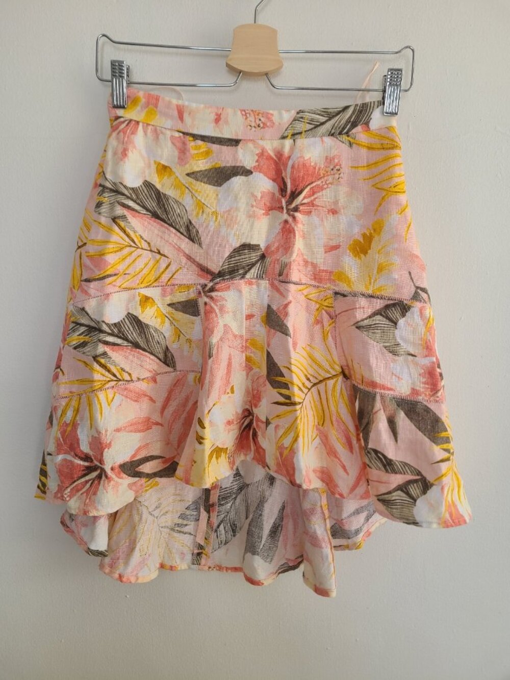 Joie Skirt Radhiya Printed 100% Linen High-Low Ruffle Tropical Print Pink 0